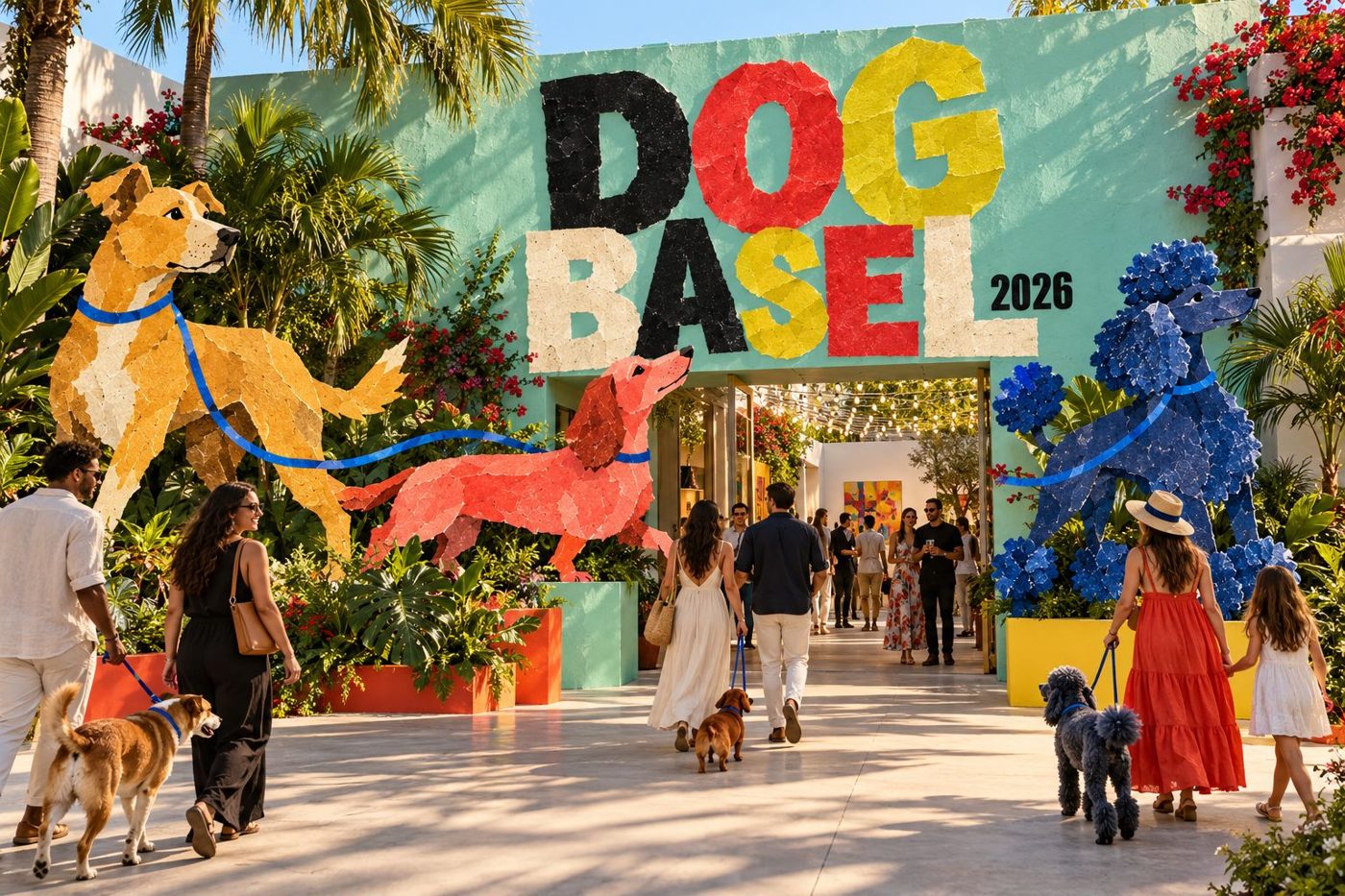 Preview render: families and dogs arriving at a Dog Basel courtyard in Wynwood