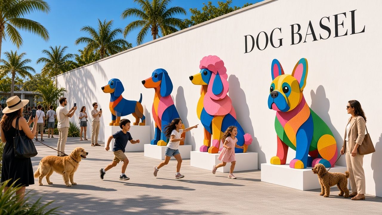 Preview render: families and dogs among large dog sculptures