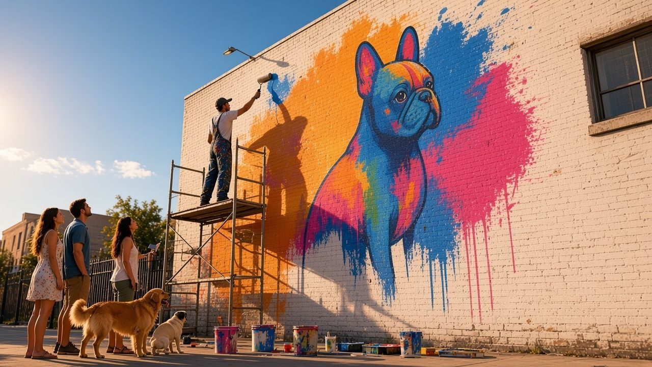 Preview render: an artist painting a dog mural while guests and dogs watch