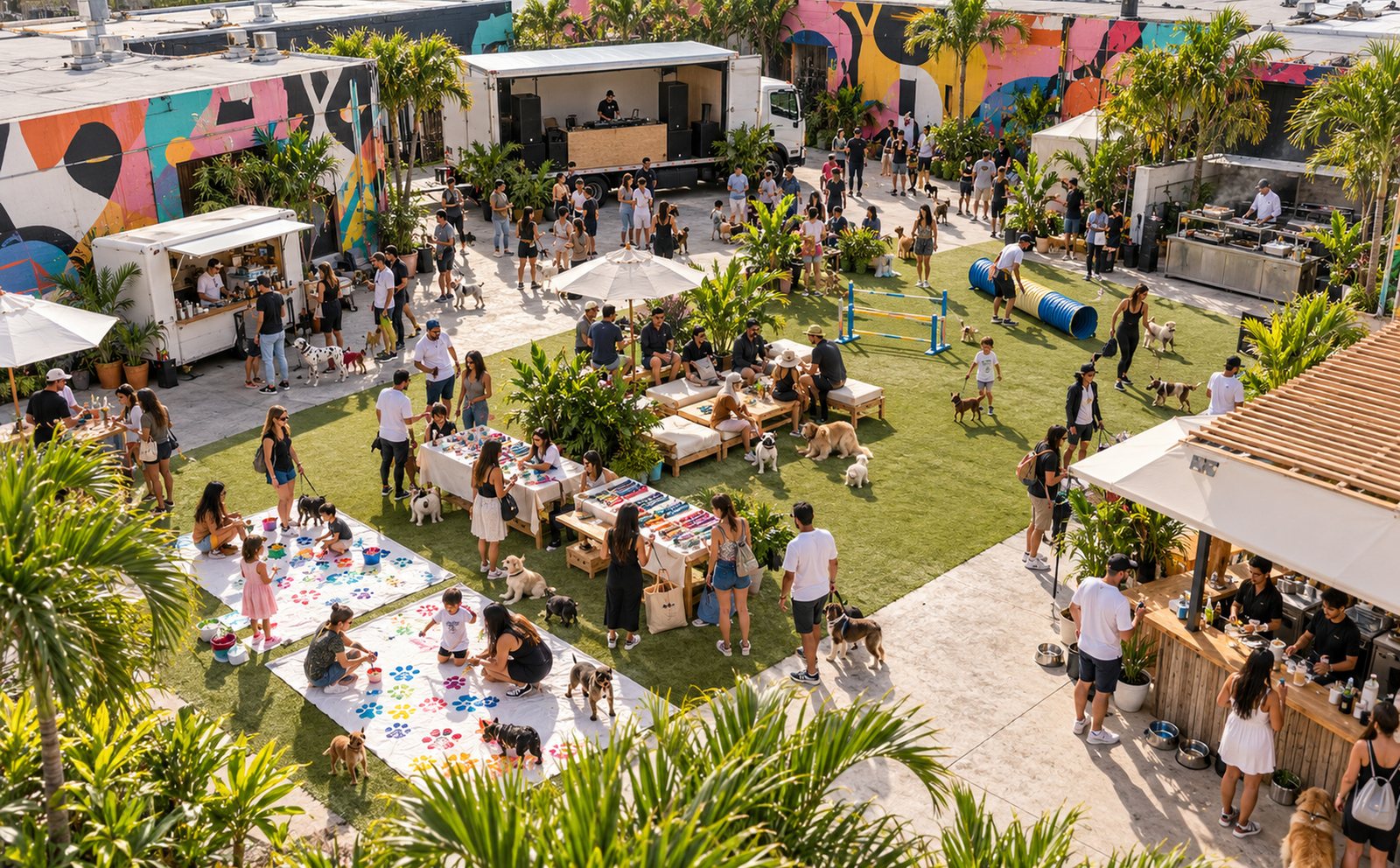 Preview render: a busy Wynwood courtyard with guests, dogs and food trucks seen from above